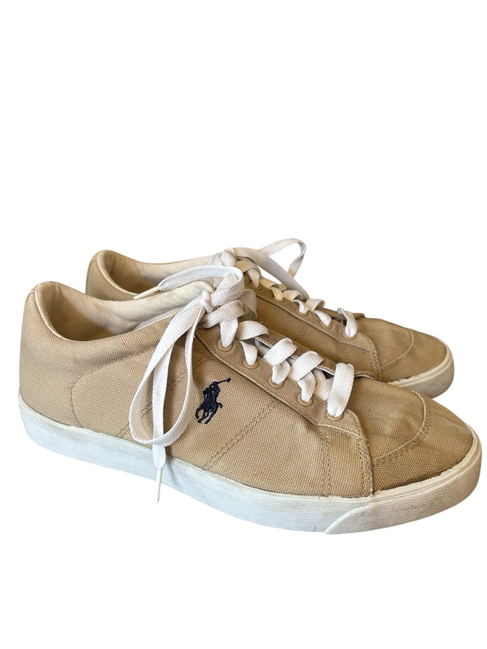 Polo Ralph‎ Lauren Low Tan Canvas Lace Up Blue Pony Logo Sneakers Size 8